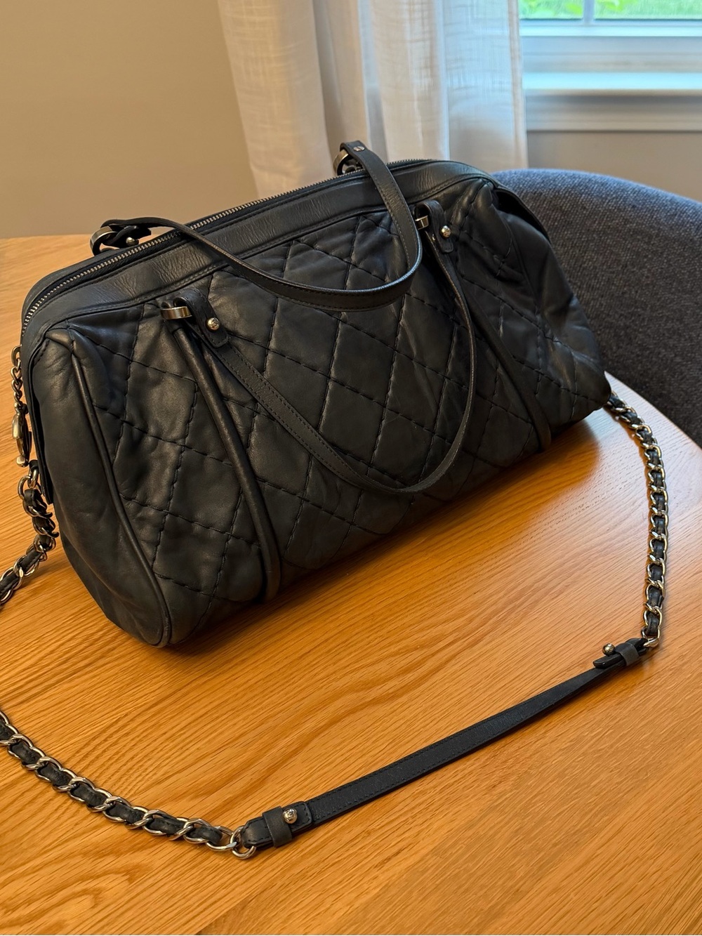 CHANEL Blue Diamond Quilted Leather Bowling Satchel with Chain Strap - Picture 3 of 16